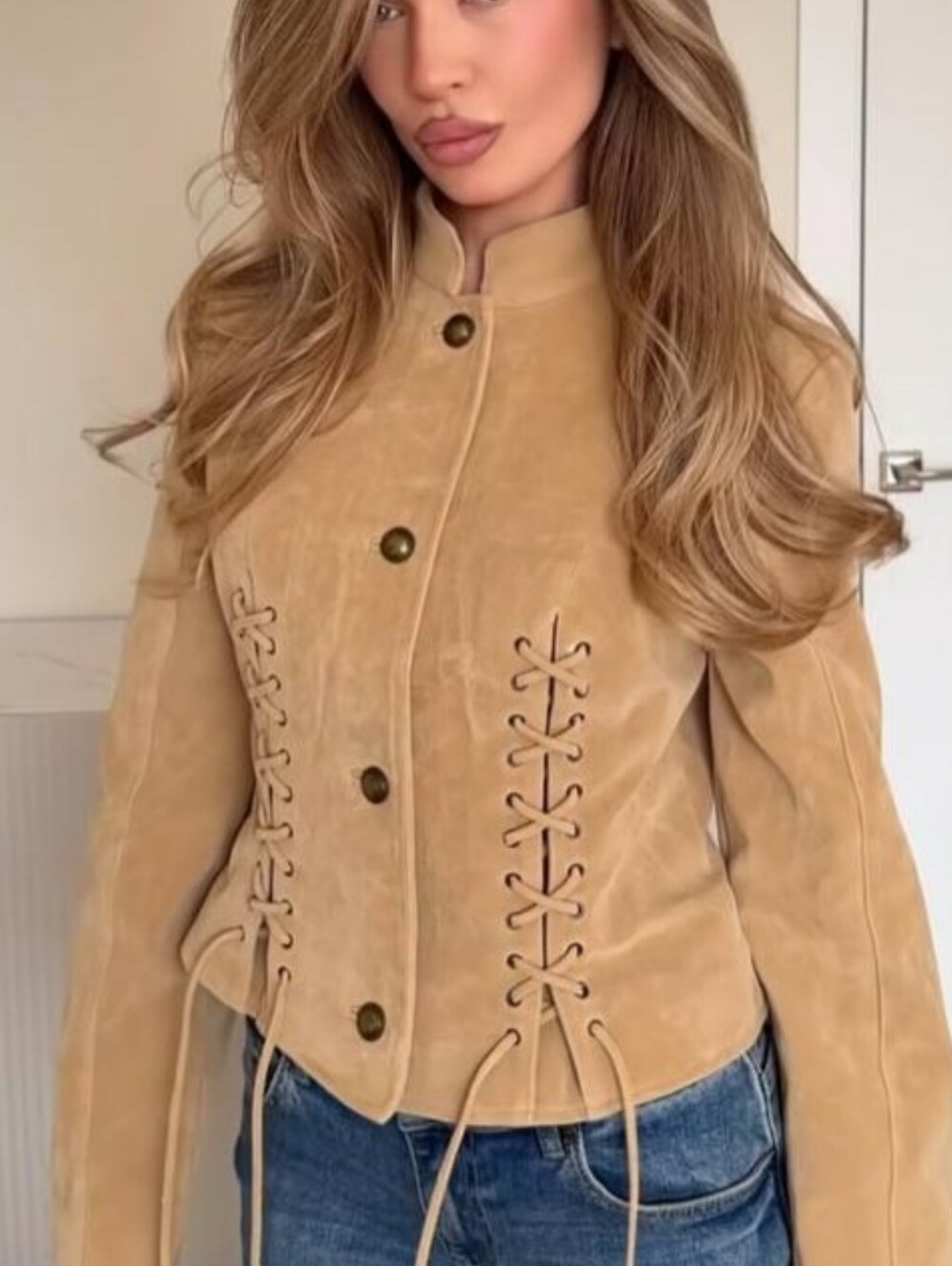Faux Suede Lace-Up Button Front Jacket in Tan